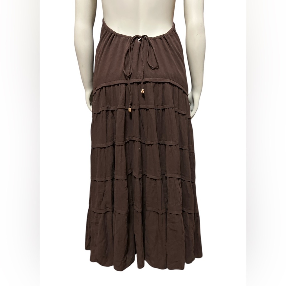 Free People Sz M Brown Dress Somewhere Sunny Drop Waist Maxi Tiered Flowy Boho - Picture 7 of 11